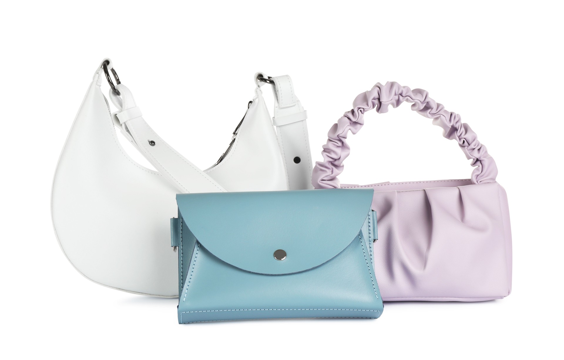 Collection of stylish women's bags on white background